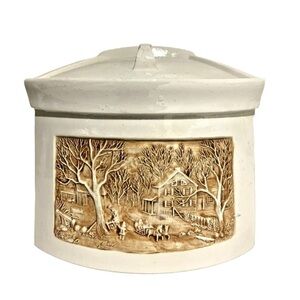 VINTAGE HERSHEY 1985 Canister Off White Brown Country Village With Lid Container